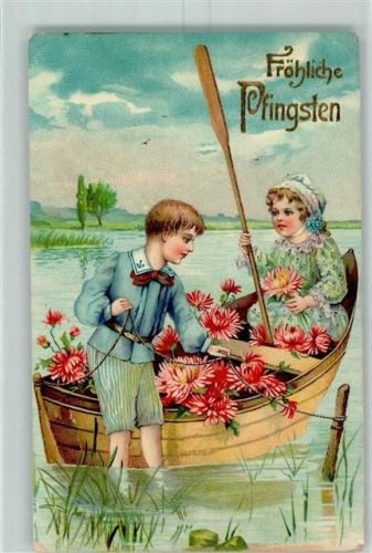 1907 Kind Ruderboot mit Blüten AK