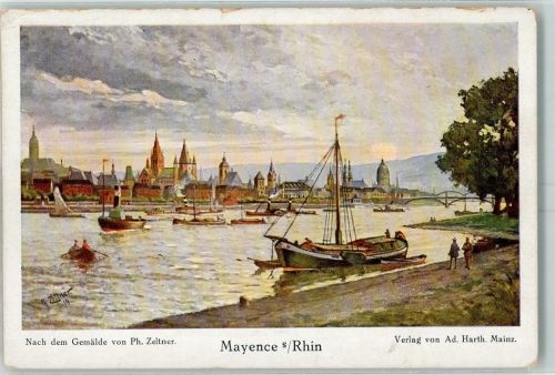 Mainz Rhein Schiffe Rheinbrücke Gemälde von Ph. Zeltner