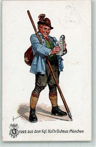 München Wanderer mit Stab und Bierkrug sign.