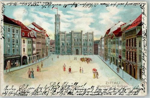 Zittau Künstlerkarte Marktplatz Rathaus