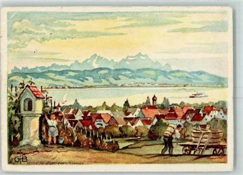 Nonnenhorn Bodenseelandschaft sign. Gerhard Braun Weinlese Fass Boote Dampfschiff Wege-Altar Künstlerkarte Marterl