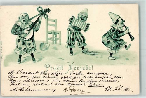 1900 Lithographie Verlag Carl Künzli Ziehharmonika Neujahr AK