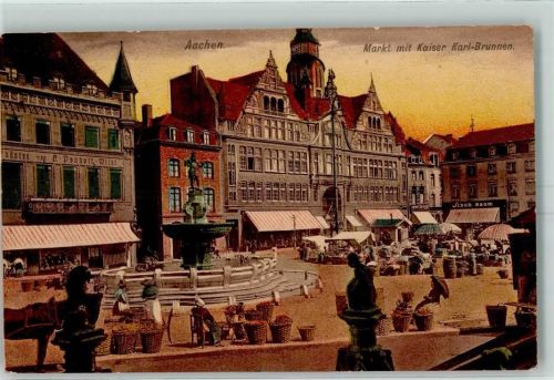 Aachen Marktplatz Marktszene Kaiser Karl Brunnen Schuhgeschäft Baum