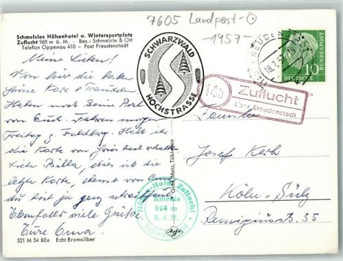 Zuflucht Landpoststempel über Freudenstadt Schmelzles Höhenhotel Zuflucht Oppenau