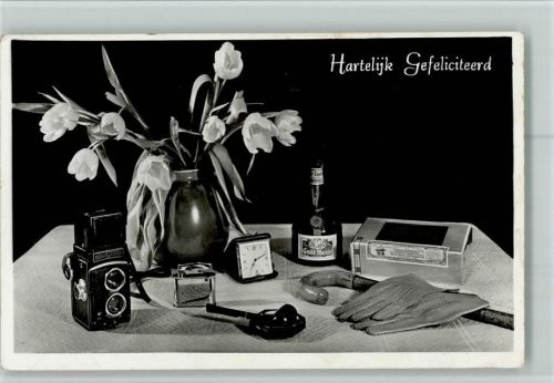 1954 Geburtstag Stilleben - Fotoapparat Rollex Reisewecker, Feuerzeug, Pfeife AK