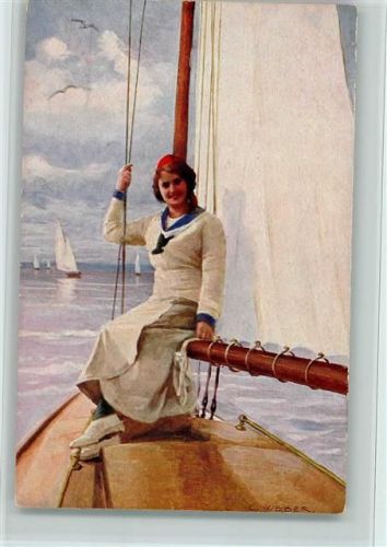 Frau beim Segeln - Siegerin - sign C. Weber, gute Erhaltung AK
