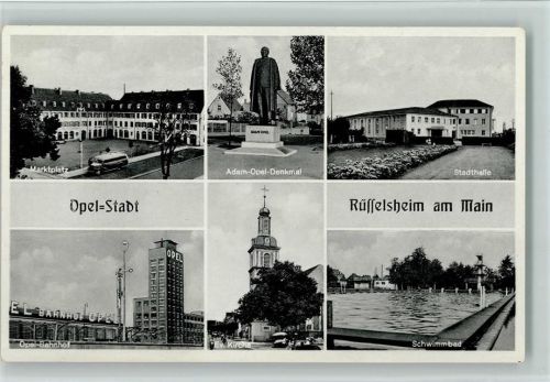 Rüsselsheim 1959 Opel Stadt - Mehrfachbilder - Omnibus am Marktplatz, Schwimmbad, Opel Bahnhof AK