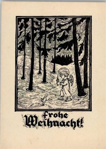 Original Holzschnitt von Kurt Franke - Weihnachten, Engel im Wald