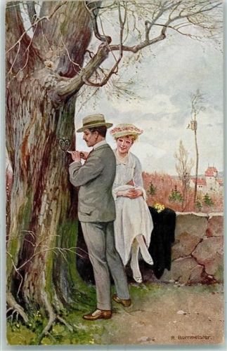 Poesie / Liebe Herz in die Baumrinde schnitzen AK Borrmeister, R. Künstlerkarte