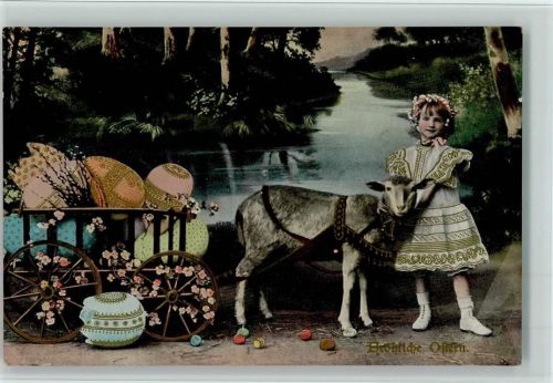 Mädchen mit Eselskarren, Ostereier mit schönen Mustern, gute Erhaltung