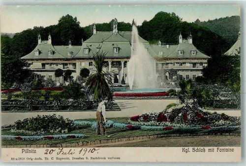 Pillnitz 1910 Kgl. Schloß Schloßpark Palmen Blumenbeete Wasserfontaine