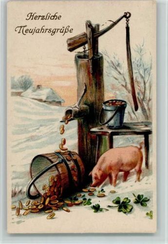 Neujahr - Geldtaler kommen aus dem Brunnen, Schwein , gute Erhaltung