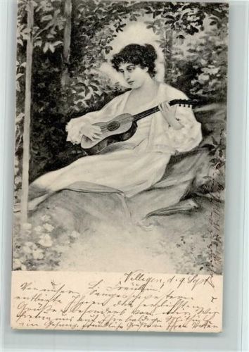 1902 Jugendstil - Frau mit einer Laute , gute Erhaltung