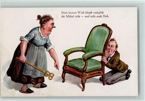 Verlag WS + SB Serie 156 Frau mit Teppichklopfer, Ehemann versteckt sich, gute Erhaltung AK