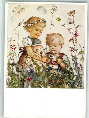 1957 Nr. 5893 Verlag Josef Müller Kinder pflücken Blumen AK