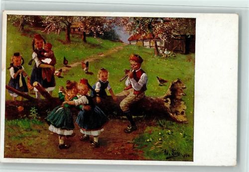 1941 Nr. 275 - Hess. Trachten, sign Lins , Kinder tanzen, Flöte spielen, gute Erhaltung AK