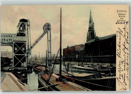 Duisburg 1905 Mühlenwerke mit Elevator Frachtkähne