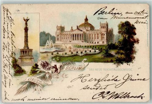 Tiergarten 1899 Reichstagsgebäude Berliner Bär Siegessäule Fontäne Adler