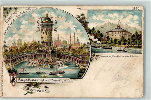 Treptow 1896 Lithographie Gewerbe Ausstellung 1896 Hauptrestaurant Wasserturm Scheinwerfer