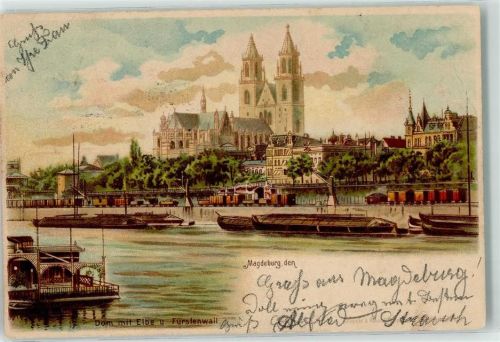 Magdeburg 1899 Lithographie Dom Elbe Fürstenwall