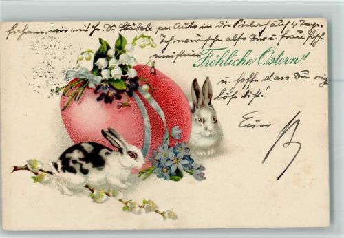 1928 Ostern - Hasen mit einem großen Osterei, Maiglöckchen AK Stempelspuren