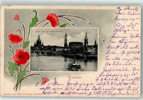 Dresden 1909 Blick von der Marienbrücke Seitenraddampfer