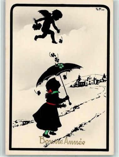 sign G.P. Bonne Anne - Mädchen mit Regenschirm, Engel mit Kleeblättern AK