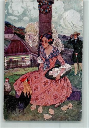 1919 J. Wenig - Prijemne Velikonoce - Frau in Tracht sammelt Eier von Hühnern ein AK