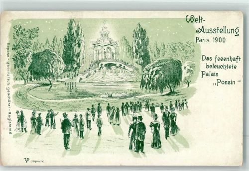 Paris 1900 Weltausstellung das feenhaftte beleuchtete Palais Ponsin bei Nacht