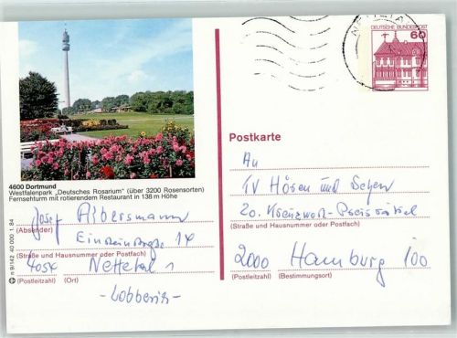 Dortmund Ganzsache Westfalenpark Deutsches Rosarium Fernsehturm