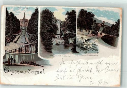 Wilhelmshöhe 1898 Lithographie Schloss Wilhelmshöhe Cascaden Aquaduct mit Wasserfall