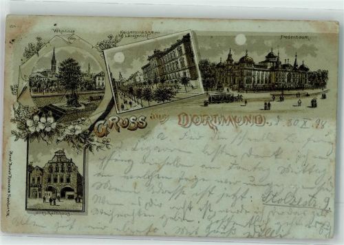 Dortmund 1898 Lithographie Vehmlinde Kaiserstraße Königliches Landgericht Fredenbaum Altes Rathaus