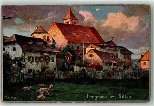 Lengmoos Schafe mit Kirche Santa Maria Assunta Aquarell sign. R.A. Höger