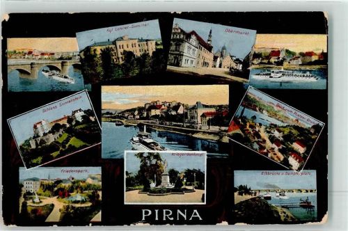 01796 O8300 Pirna 1916 - Lehrer-Seminar Obermarkt Schloss Sonnenschein Friedenspark Kriegerdenkmal Elbbrücke und Dampfer