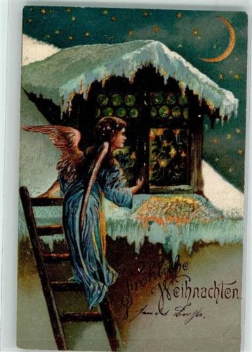 1903 Engel schaut auf Leiter stehend in die beleuchtete Stube hinein Mondschein Lithographie