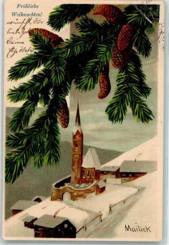 1905 Fröhliche Weihnachten! Verschneite Kirche unter Tannenzweig WV 5325