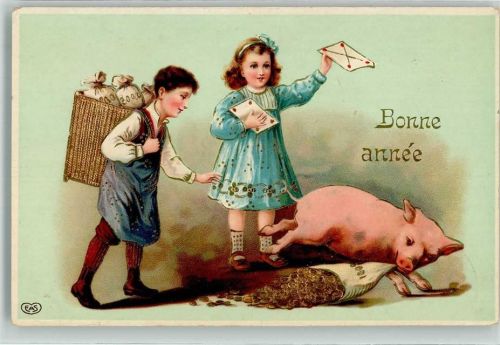1911 Kinder mit Geldsäcken Liebesbriefen und Glücksschwein Bonne Annee Lithographie EAS