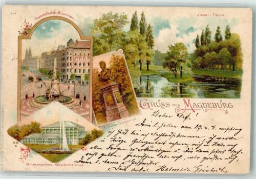 Magdeburg Lithographie Hasselbach-Brunnen Insel-Teich Grusonsches Gewächshaus