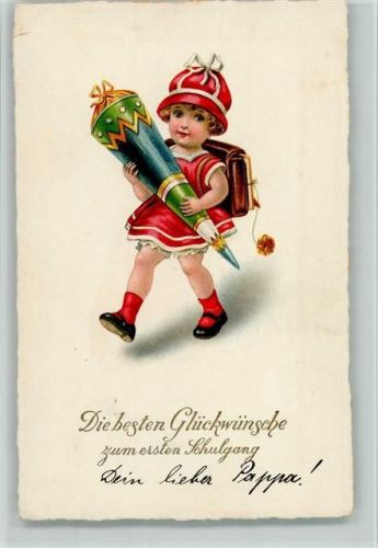 Verlag Erika 6128 - Mädchen mit Schultüte und Schwamm am Ranzen AK