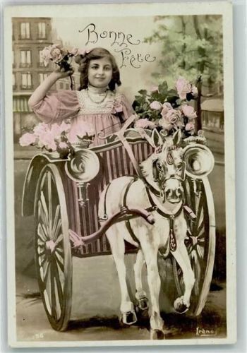 Bonne Fete Kutsche Kind Rosen AK