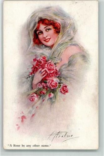 1914 sign. F. Avaline Frau mit Rosen Tüll Kopftuch