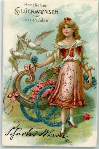 1906 Mädchen mit weißen Tauben Blumengirlanden Rosen Vergißmeinnicht Lithographie