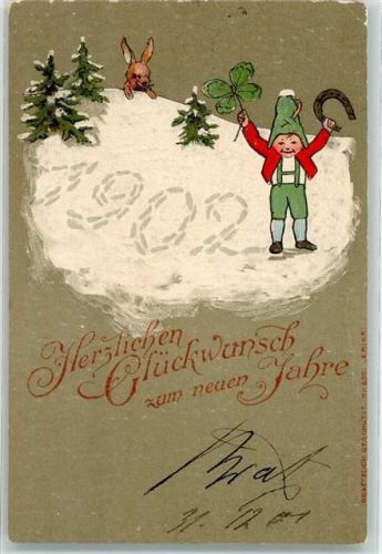 1901 Neujahrgruss Zwerg mit Glücksklee Hufeisen Hase Jahreszahl 1902 Erika Nr. 830