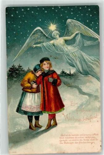 Ein frohes Weihnachtsfest Zwei einsame Mädchen in dunkler Nacht mit dem schützenden Engel über sich Lithographie