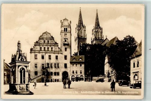 Oschatz WK II Adolf-Hitler-Platz Rathaus St, Aegidienkirche Feldpost IV Bau-Ers.Btl 4