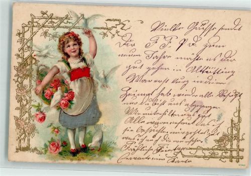 1902 Kleid mit echt Stoff Applikation Kind Tauben Korb mit Rosen