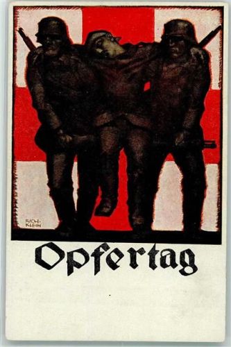 1917 Opfertag sign. Rich. Klein Soldaten helfen einem Verwundeten Bayer. Landeskomitee vom Roten Kreuz