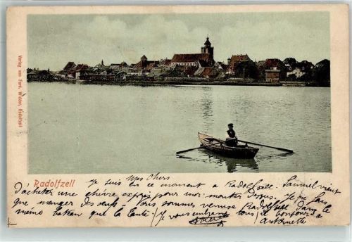 Radolfzell 1900 Ruderboot vor Altstadt mit Münster unserer lieben Frau