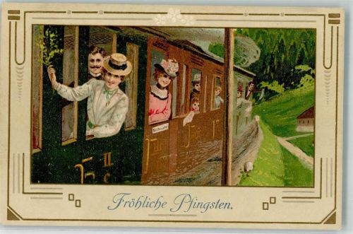 1912 Reisende gucken aus einem Eisenbahnwagen Hutmode Jugendstil Lithographie