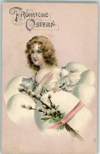 1907 Ostereier Weidenkätzchen Frau Lithographie